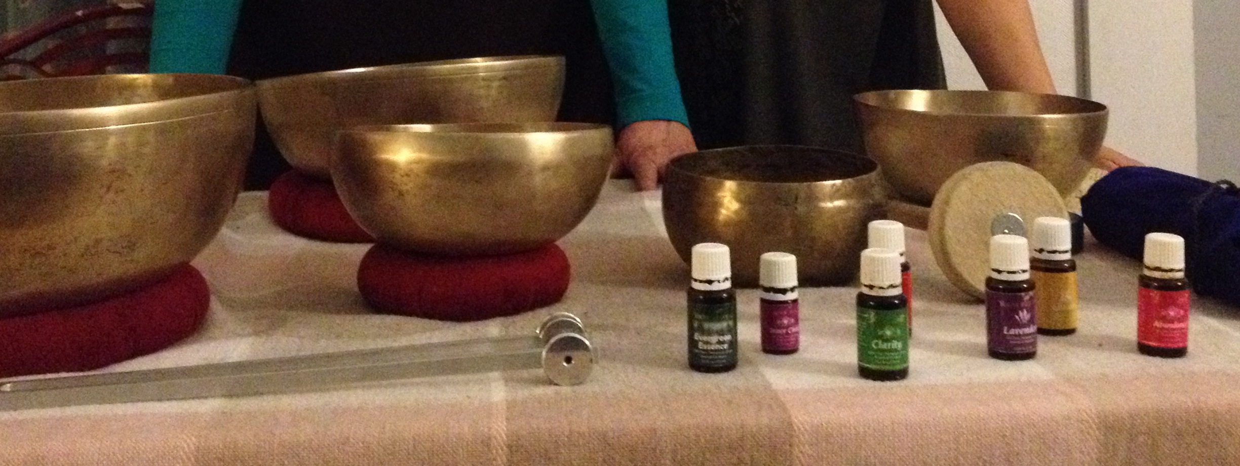 Tibetan bowls, weighted tuning fork, Young Living essential oils used in our workshop.